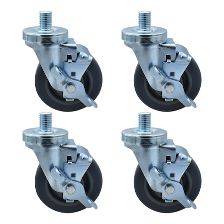 Bk Resources 4-inch Threaded Stem Casters, Gray Rubber Wheels, Top Lock Brake, 300lb Capacity, 4PK 4SBR-6ST-GR-PS4
